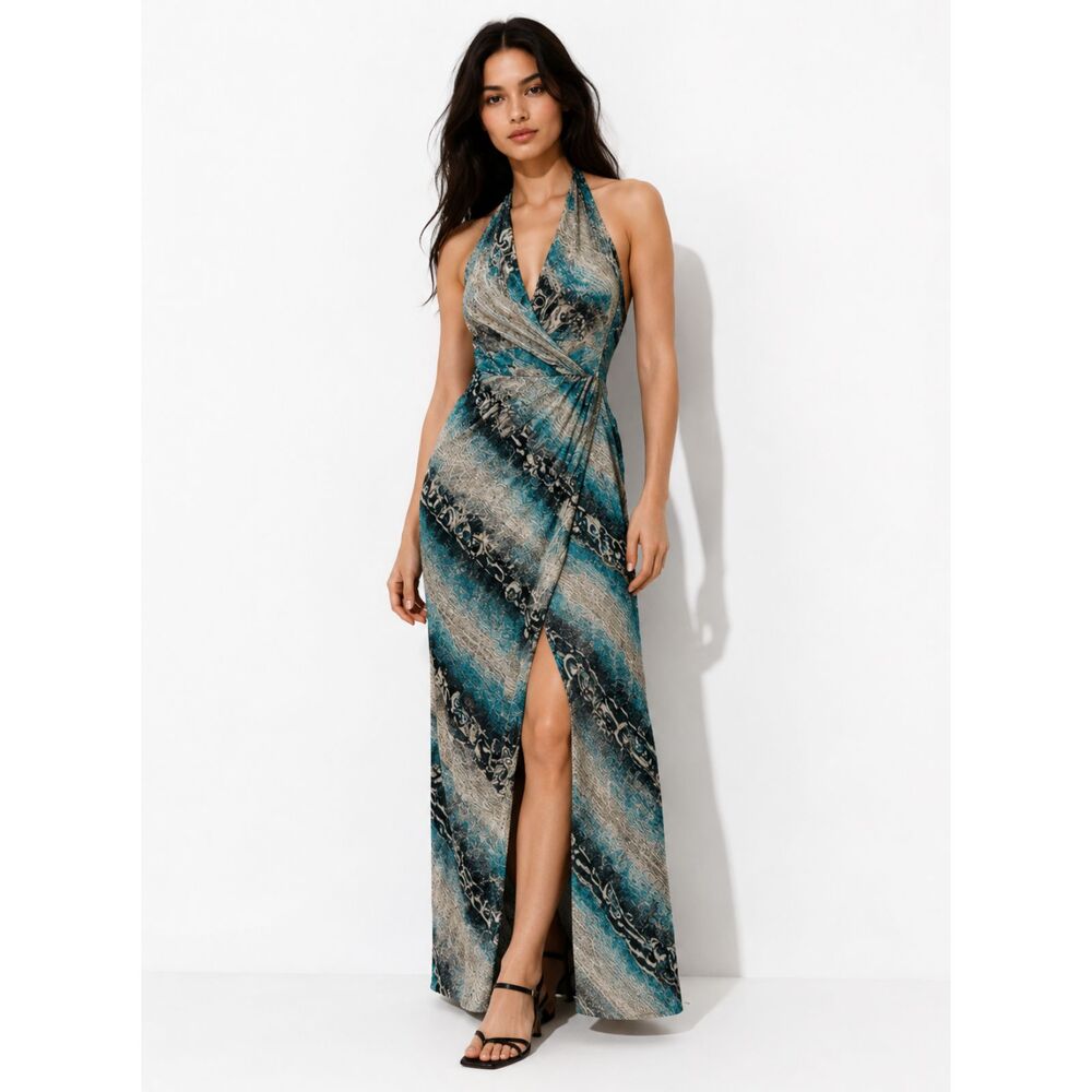 VENUS Snake Animal Print Halter Maxi Dress Luxe Boho Goddess Y2K Retro Slit L